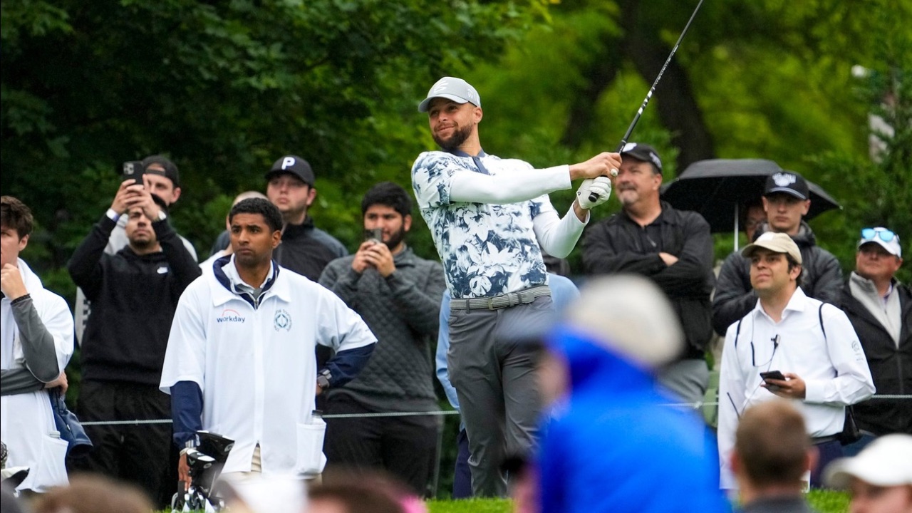 Stephen Curry tees off on hole No. 7 during the Workday Golden Bear Pro-Am at the Muirfield Village Golf Club on Wednesday, May 28, 2025 in Dublin, Ohio.