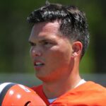 Browns quarterback Dillon Gabriel gets ready during Day 2 of rookie minicamp on Saturday, May 10, 2025, in Berea.
