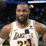 Los Angeles Lakers forward LeBron James (23) is interviewed after defeating the Golden State Warriors at Chase Center.