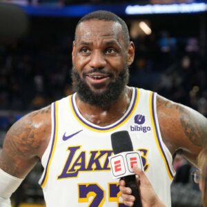 Los Angeles Lakers forward LeBron James (23) is interviewed after defeating the Golden State Warriors at Chase Center.
