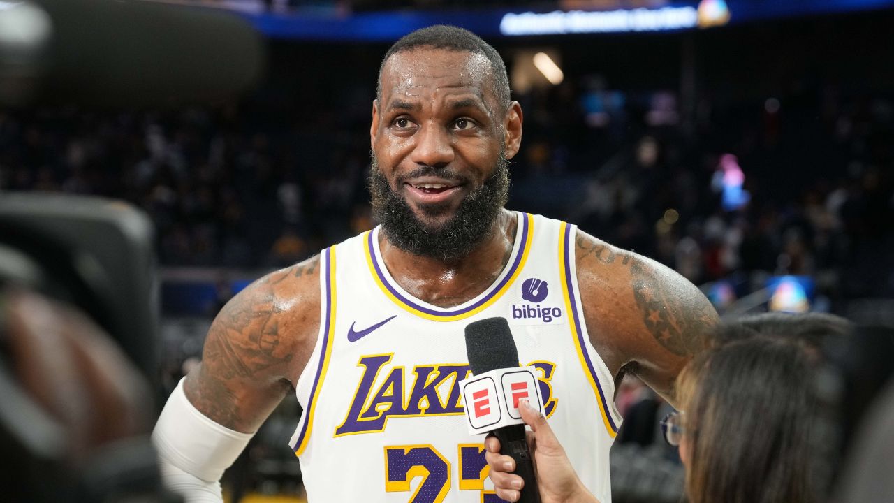Los Angeles Lakers forward LeBron James (23) is interviewed after defeating the Golden State Warriors at Chase Center.