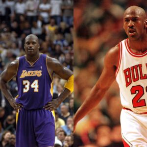 Kobe Bryant and Shaquille O'Neal (L) and Michael Jordan (R)