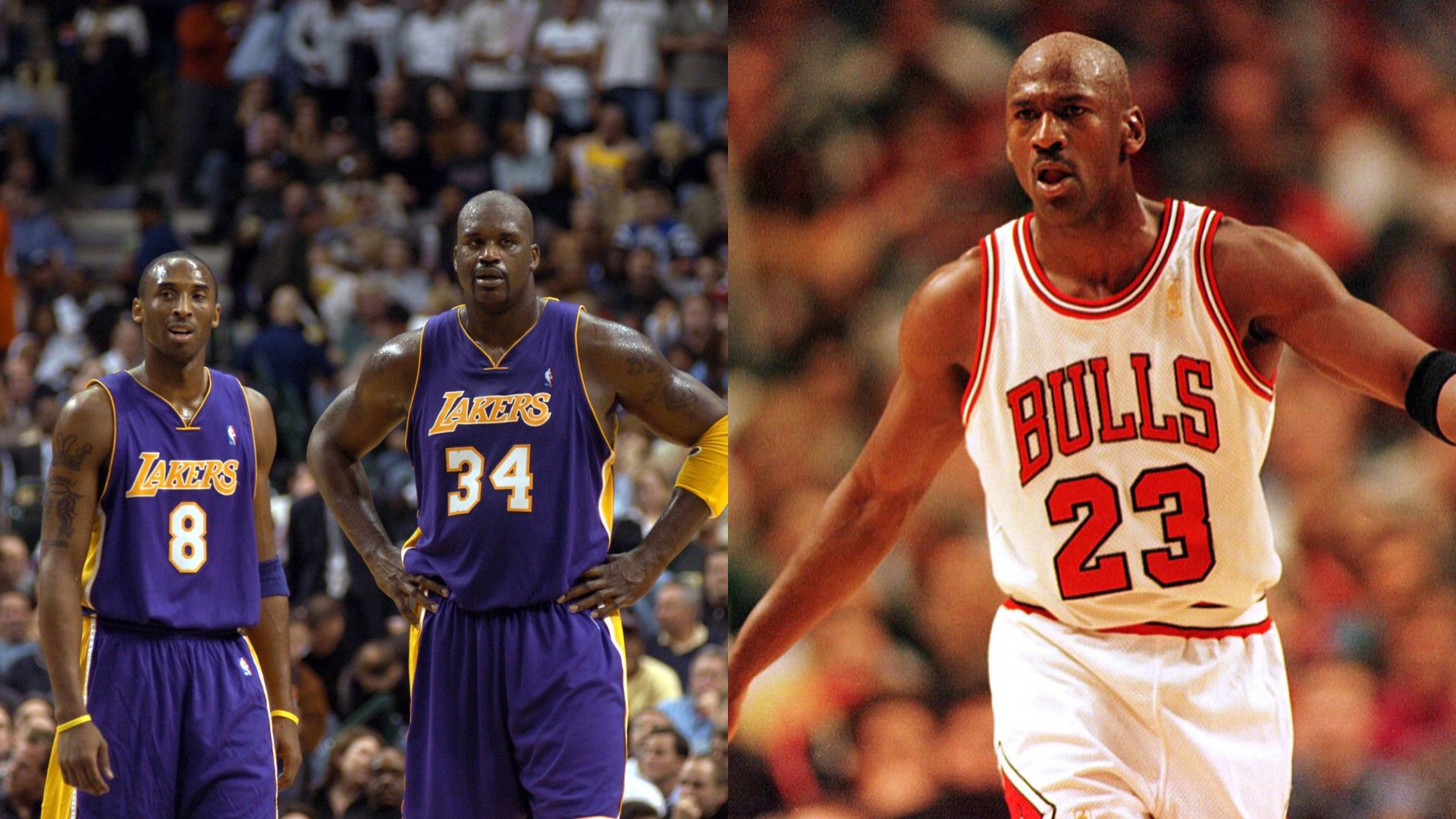 Kobe Bryant and Shaquille O'Neal (L) and Michael Jordan (R)