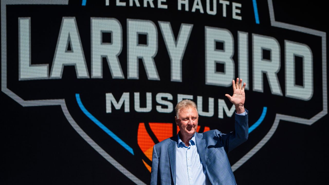 Larry Bird waves at the crowd gathered Thursday, May 30, 2024, for the grand opening ceremony of the Larry Bird Museum in Terre Haute, Indiana.