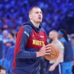 May 18, 2025; Oklahoma City, Oklahoma, USA; Denver Nuggets center Nikola Jokic (15) warms up before game seven of the second round against the Oklahoma City Thunder for the 2025 NBA Playoffs at Paycom Center