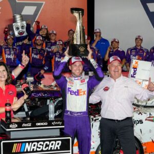 NASCAR Cup Series driver Denny Hamlin (11) wins the Coca-Cola 600 at Charlotte Motor Speedway.