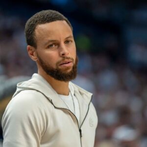 Golden State Warriors guard Stephen Curry (30) looks on against the Minnesota Timberwolves in the second half during game five of the second round for the 2025 NBA Playoffs at Target Center.