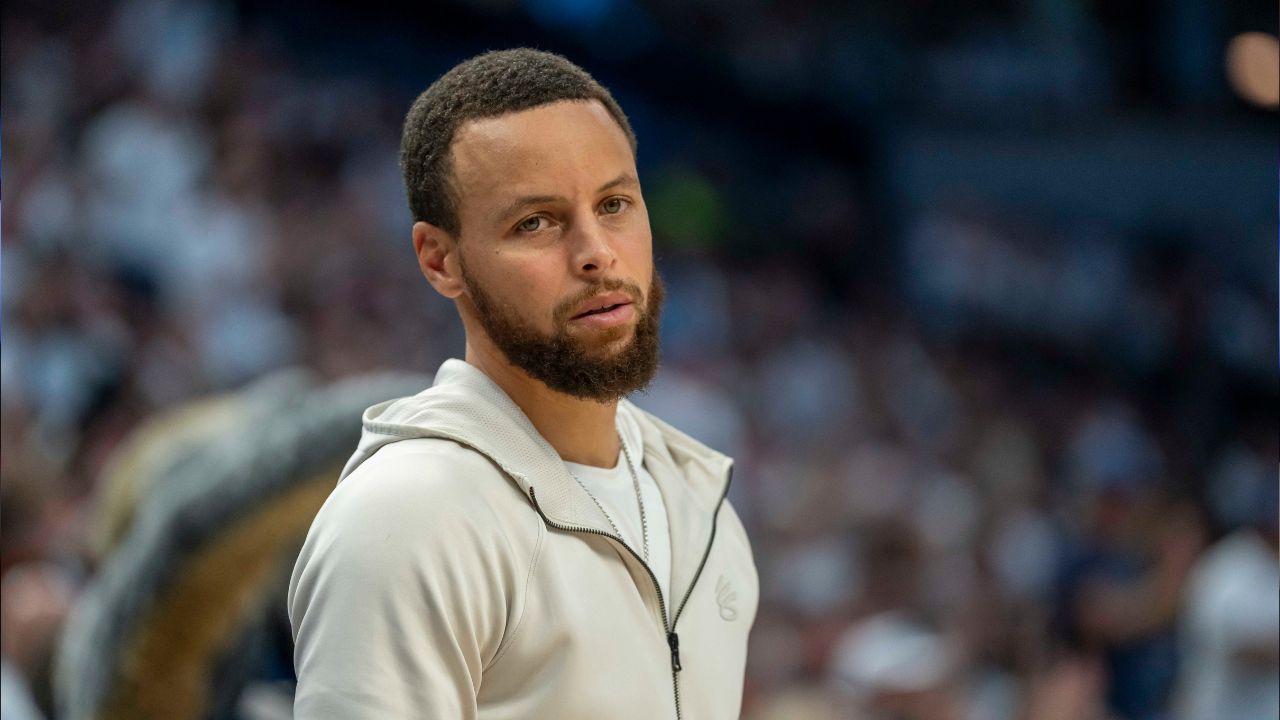 Golden State Warriors guard Stephen Curry (30) looks on against the Minnesota Timberwolves in the second half during game five of the second round for the 2025 NBA Playoffs at Target Center.
