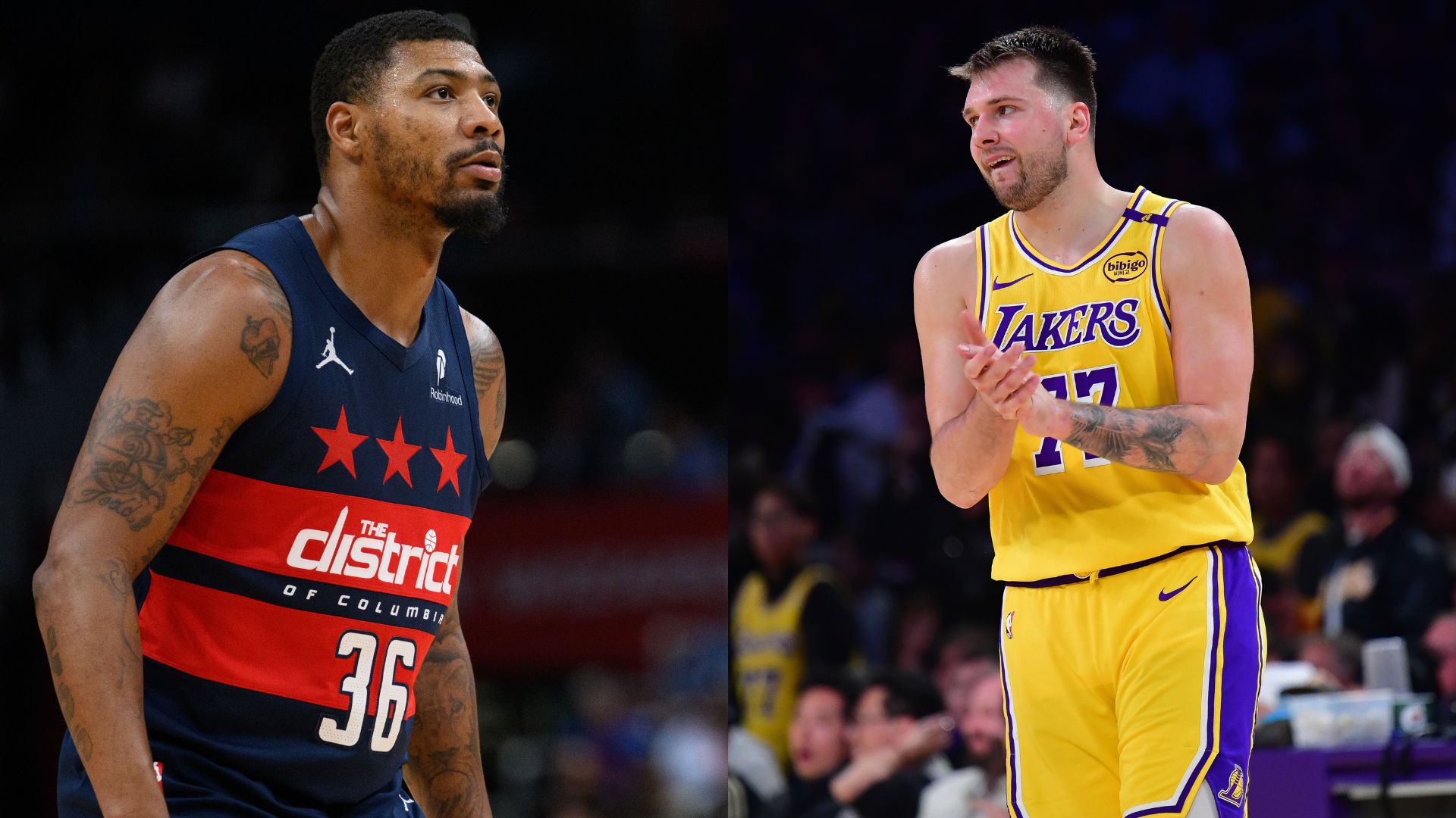 Marcus Smart (L) and Luka Doncic (R)