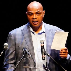 Charles Barkley speaks during the funeral service for Grant Woods, the former Arizona attorney general at the Orpheum Theatre