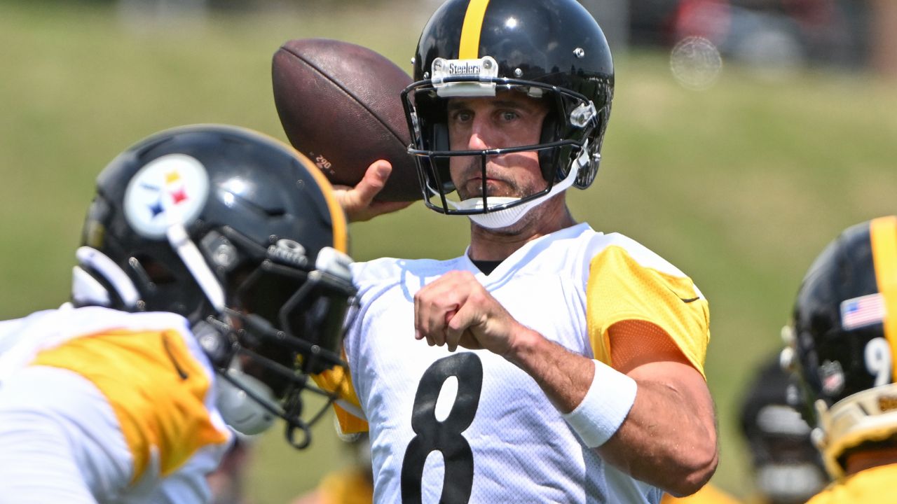 Pittsburgh Steelers quarterback Aaron Rodgers (8) participates in drills during training camp at Saint Vincent College.