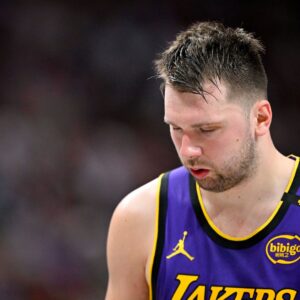 Apr 9, 2025; Dallas, Texas, USA; Los Angeles Lakers guard Luka Doncic (77) during the game between the Dallas Mavericks and the Los Angeles Lakers at American Airlines Center.
