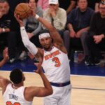 New York Knicks guard Josh Hart (3) grabs a rebound in the second quarter against the Indiana Pacers during game five of the eastern conference finals for the 2025 NBA Playoffs at Madison Square Garden.