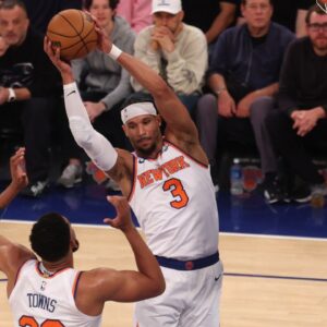 New York Knicks guard Josh Hart (3) grabs a rebound in the second quarter against the Indiana Pacers during game five of the eastern conference finals for the 2025 NBA Playoffs at Madison Square Garden.