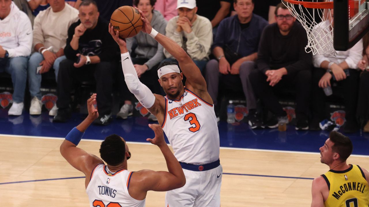 New York Knicks guard Josh Hart (3) grabs a rebound in the second quarter against the Indiana Pacers during game five of the eastern conference finals for the 2025 NBA Playoffs at Madison Square Garden.
