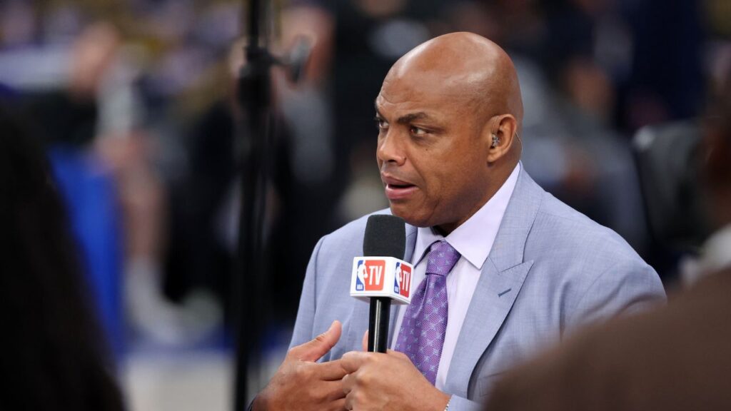 NBA TV analyst Charles Barkley talks on set before game three of the 2024 NBA Finals between the Boston Celtics and the Dallas Mavericks at American Airlines Center.