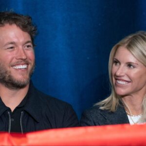 Mathew and Kelly Stafford share a laugh during speeches for the ribbon cutting of the Kelly and Matthew Stafford and Friends Education Center at the S.A.Y Detroit Play Center in Detroit on Monday, April 1, 2024.