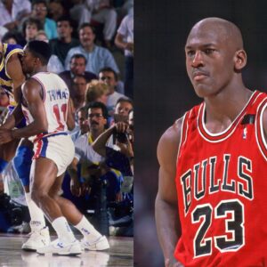 Magic Johnson and Isiah Thomas (L), Michael Jordan (R)