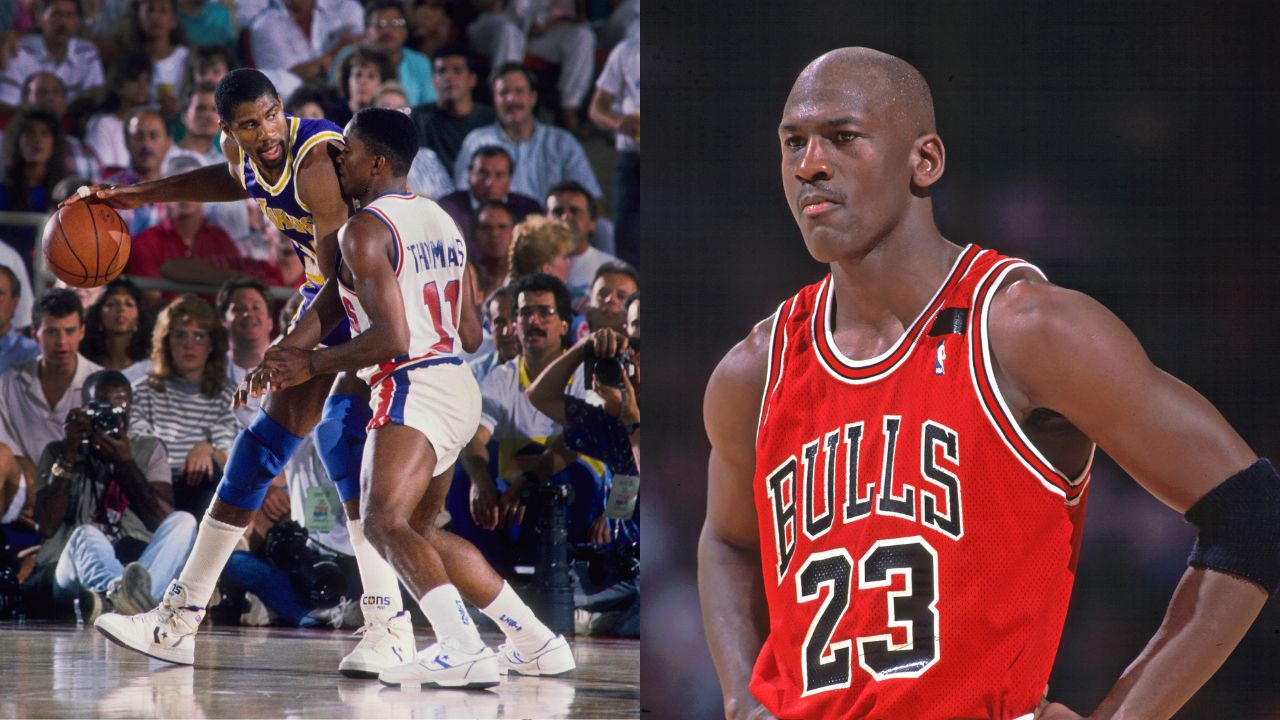 Magic Johnson and Isiah Thomas (L), Michael Jordan (R)