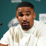 Philadelphia Eagles quarterback Jalen Hurts (1) addresses media during a press conference at NovaCare Complex.