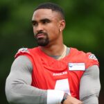 Jun 10, 2025; Philadelphia, PA, USA; Philadelphia Eagles quarterback Jalen Hurts (1) looks on during a practice drill at NovaCare Complex.