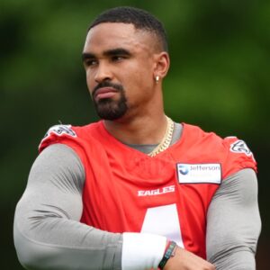 Jun 10, 2025; Philadelphia, PA, USA; Philadelphia Eagles quarterback Jalen Hurts (1) looks on during a practice drill at NovaCare Complex.