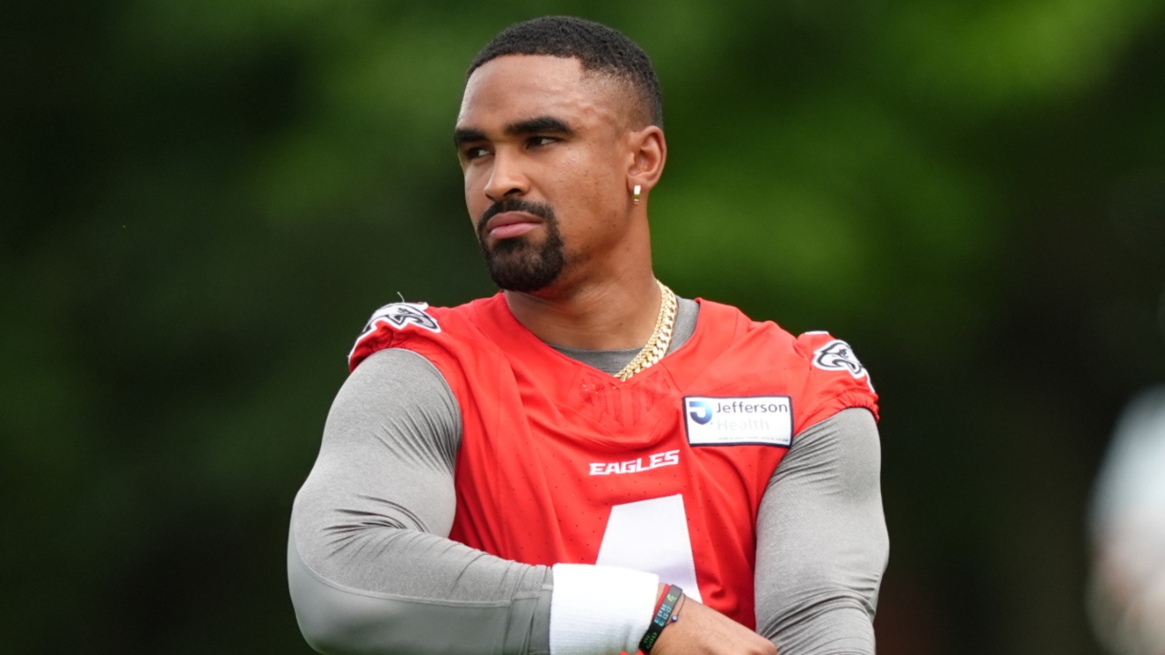 Jun 10, 2025; Philadelphia, PA, USA; Philadelphia Eagles quarterback Jalen Hurts (1) looks on during a practice drill at NovaCare Complex.