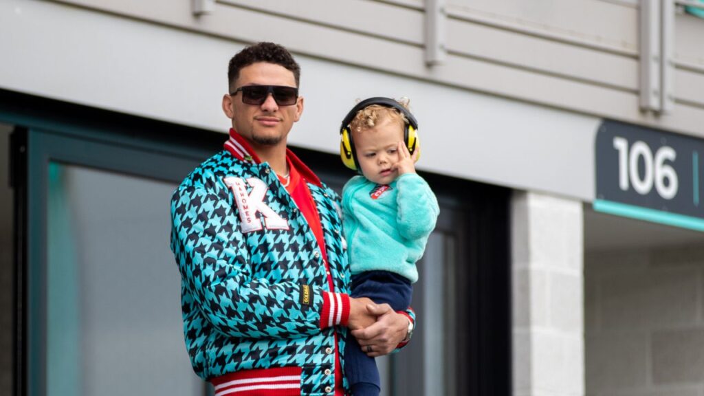 Kansas City Chiefs quarterback Patrick Mahomes attends the match between the KC Current and the Portland Thorns FC at CPKC Stadium.