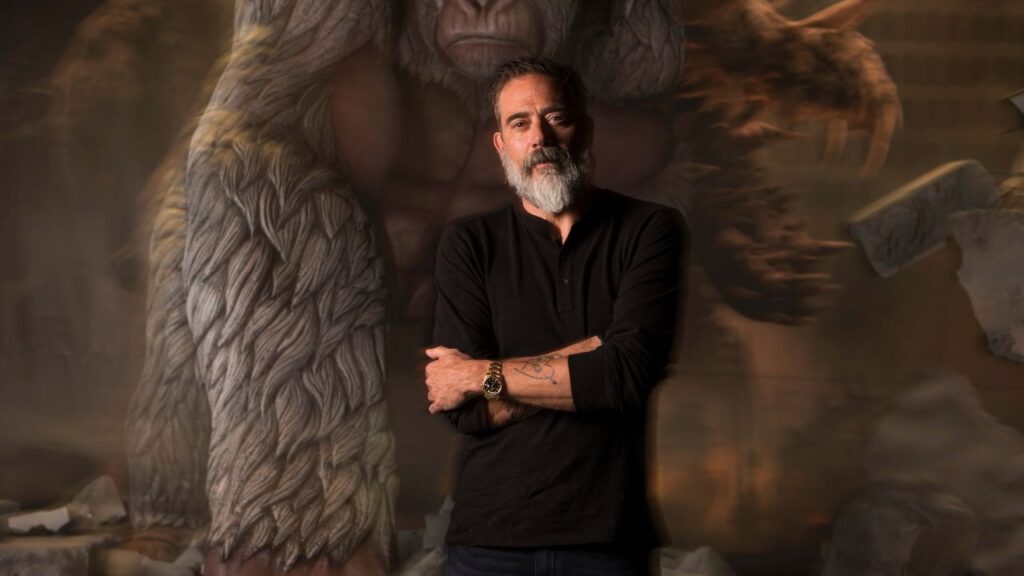 Apr 5, 2018; Los Angeles, CA, USA; Portrait of Jeffrey Dean Morgan who plays a government agent in the film \"Rampage\" based on a video game. In the background is a model of the albino silverback gorilla \"George.\" Morgan also stars in the AMC series \"The Walking Dead.\"