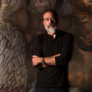 Apr 5, 2018; Los Angeles, CA, USA; Portrait of Jeffrey Dean Morgan who plays a government agent in the film \"Rampage\" based on a video game. In the background is a model of the albino silverback gorilla \"George.\" Morgan also stars in the AMC series \"The Walking Dead.\"