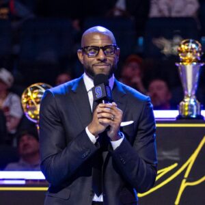 Former Golden State Warriors player Andre Iguodala talks during the Andre Iguodala jersey retirement ceremony at Chase Center.