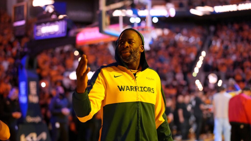 May 12, 2025; San Francisco, California, USA; Golden State Warriors forward Draymond Green (23) blows a kiss towards the crowd before the start of the game against the Minnesota Timberwolves during game four of the second round for the 2025 NBA Playoffs at Chase Center