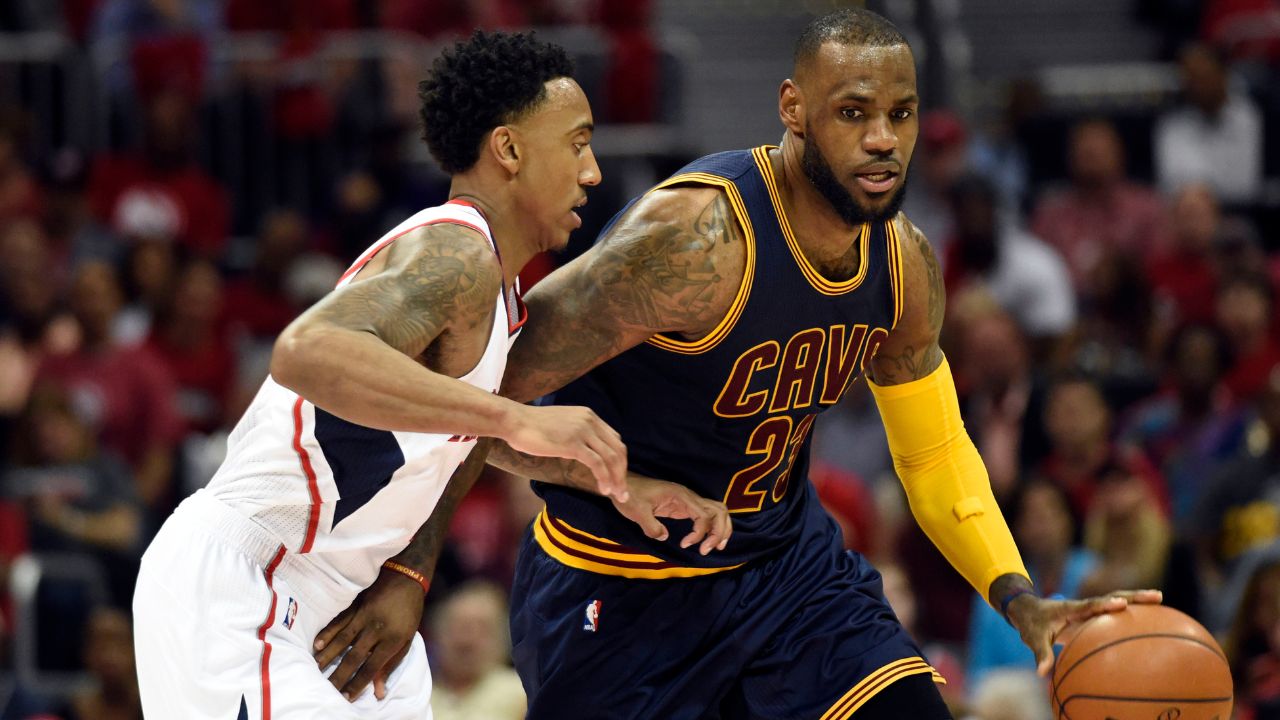Cleveland Cavaliers forward LeBron James (23) drives against Atlanta Hawks guard Jeff Teague (0) during the second quarter of game one of the Eastern Conference Finals of the NBA Playoffs at Philips Arena.