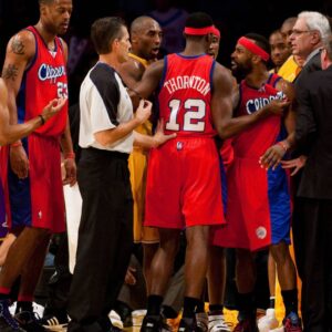 15 January 2010: Guard Baron Davis of the Los Angeles Clippers is held back from fighting by teammate Al Thornton while playing against the Los Angeles Lakers during the second half of the Lakers 126-86 victory over the Clippers at the STAPLES Center in Los Angeles, CA