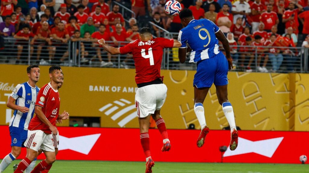 Jun 23, 2025; East Rutherford, New Jersey, USA; FC Porto's Samu Aghehowa scores their third goal during a group stage match of the 2025 FIFA Club World Cup at MetLife Stadium.