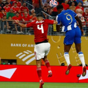 Jun 23, 2025; East Rutherford, New Jersey, USA; FC Porto's Samu Aghehowa scores their third goal during a group stage match of the 2025 FIFA Club World Cup at MetLife Stadium.