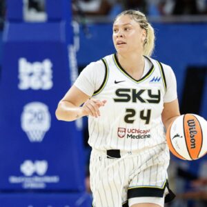 Chicago Sky guard Rachel Banham (24) brings the ball up court against the Seattle Storm during the first half at Wintrust Arena.