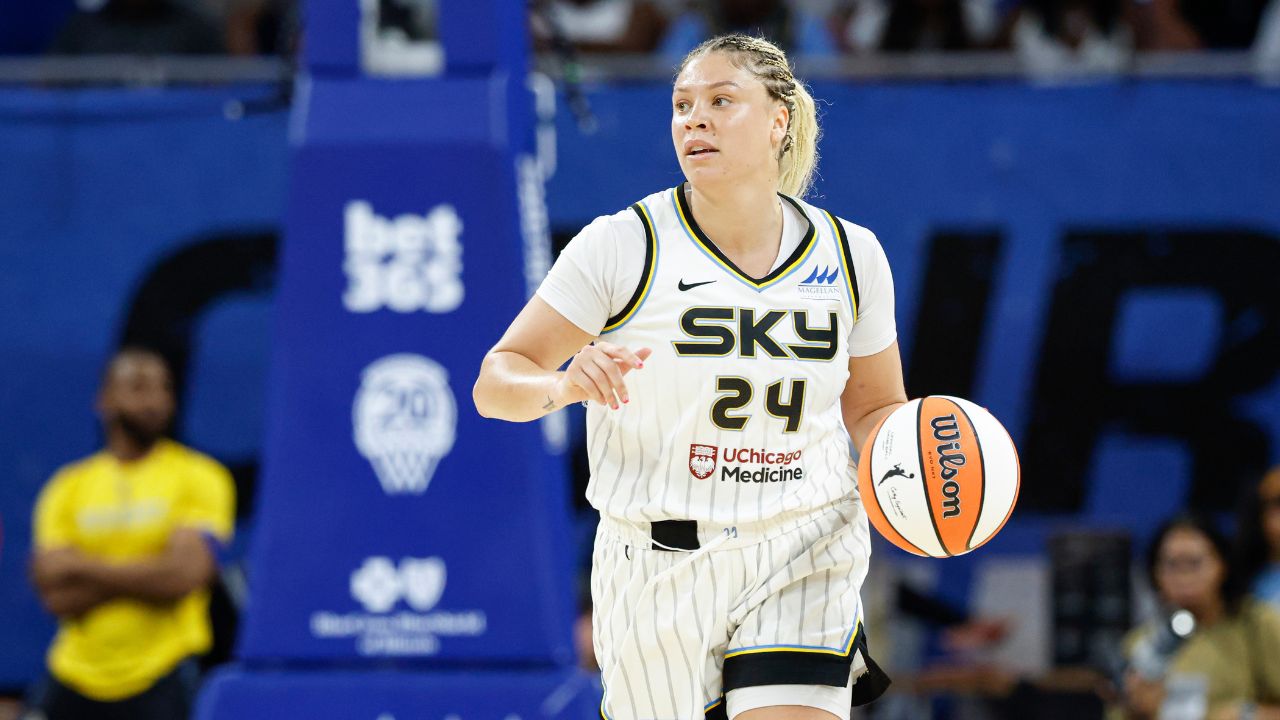 Chicago Sky guard Rachel Banham (24) brings the ball up court against the Seattle Storm during the first half at Wintrust Arena.