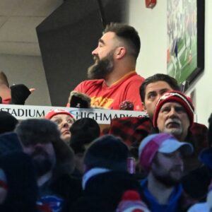 Jason Kelce (right) and Kylie Kelce (left) watch the game from the suites in the first half of the 2024 AFC divisional round game between the Buffalo Bills and the Kansas City Chiefs at Highmark Stadium.