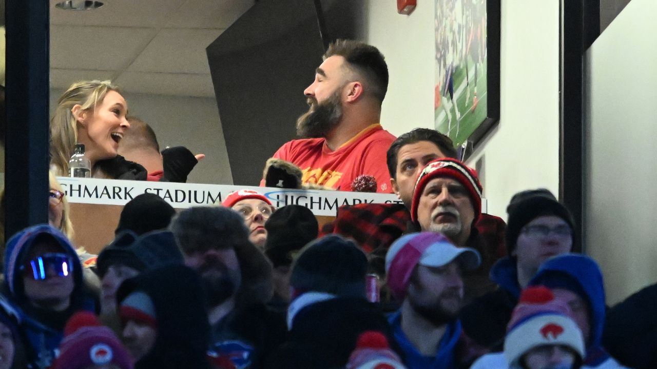 Jason Kelce (right) and Kylie Kelce (left) watch the game from the suites in the first half of the 2024 AFC divisional round game between the Buffalo Bills and the Kansas City Chiefs at Highmark Stadium.