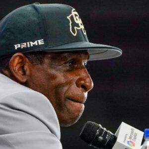 Colorado head coach Deion Sanders speaks with the media during 2025 Big 12 Football Media Days at The Star.