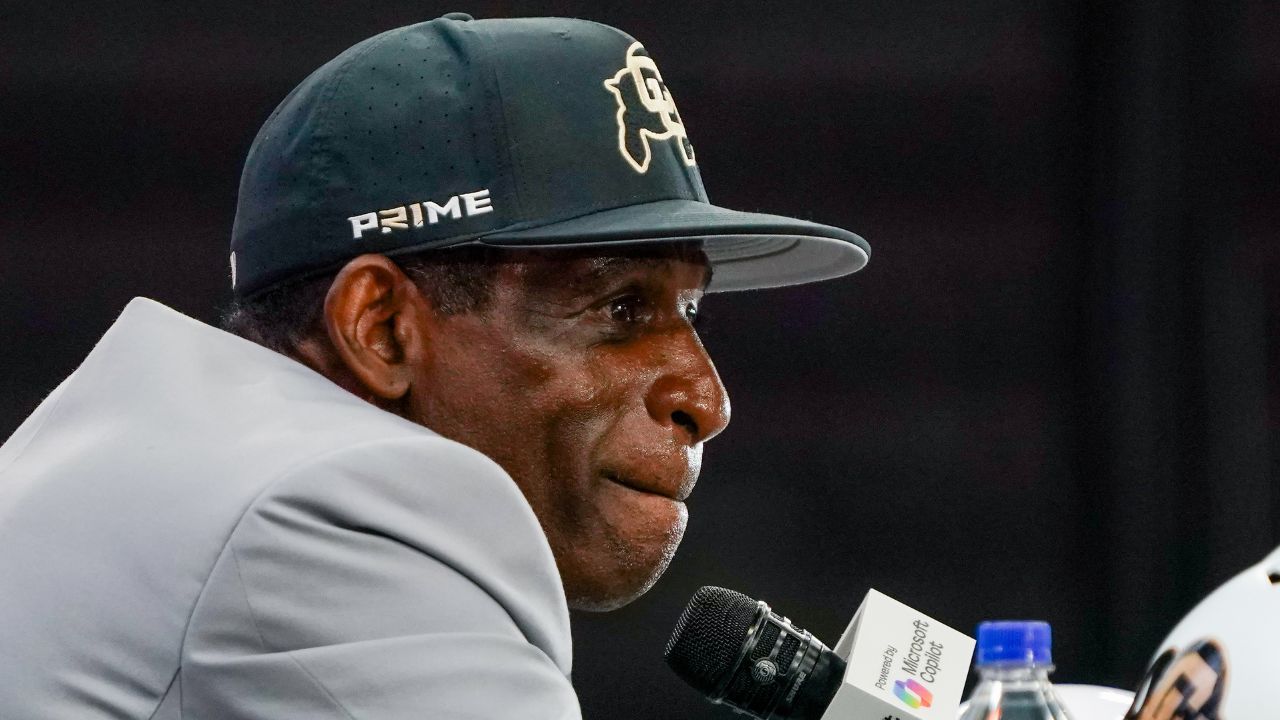 Colorado head coach Deion Sanders speaks with the media during 2025 Big 12 Football Media Days at The Star.