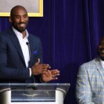 Mar 24, 2017; Los Angeles, CA, USA; Kobe Bryant (left) speaks during ceremony to unveil statue of Los Angeles Lakers former center Shaquille O'Neal at Staples Center.