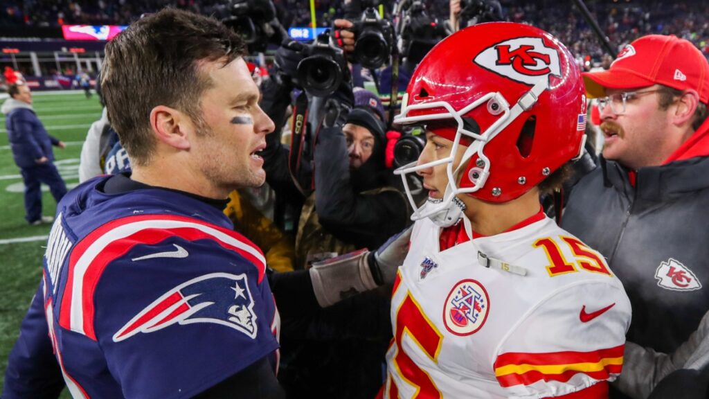 Dec 8, 2019; Foxborough, MA, USA; New England Patriots quarterback Tom Brady (12) and Kansas City Chiefs quarterback Patrick Mahomes (15) after the game at Gillette Stadium.