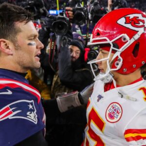 Dec 8, 2019; Foxborough, MA, USA; New England Patriots quarterback Tom Brady (12) and Kansas City Chiefs quarterback Patrick Mahomes (15) after the game at Gillette Stadium.