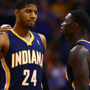 Jan 22, 2014; Phoenix, AZ, USA; Indiana Pacers forward Paul George (left) and guard Lance Stephenson against the Phoenix Suns at US Airways Center.