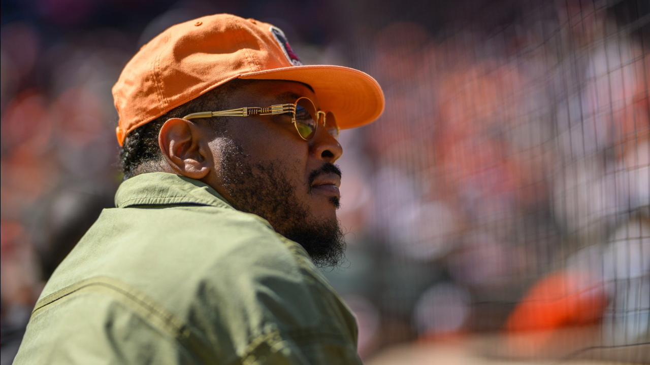 Former professional basketball player Carmelo Anthony attends a game between the Baltimore Orioles and the Tampa Bay Rays at Oriole Park at Camden Yards.