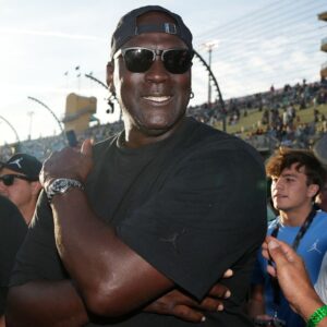 23XI owner Michael Jordan celebrates after his driver NASCAR Cup Series driver Tyler Reddick (not pictured) won the Straight Talk Wireless 400 at Homestead-Miami Speedway