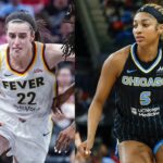 Caitlin Clark (L), Angel Reese (R)