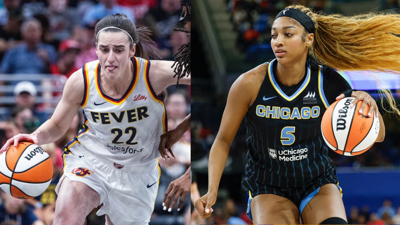 Caitlin Clark (L), Angel Reese (R)